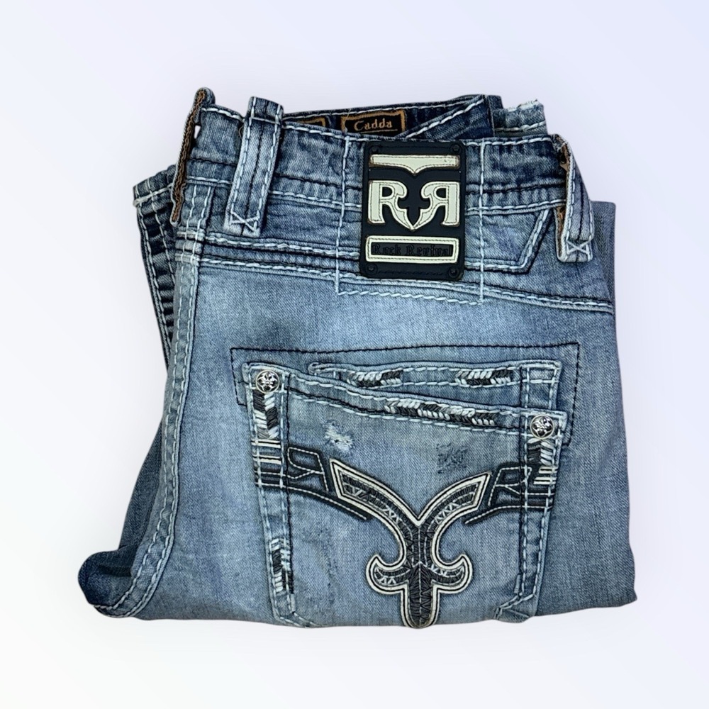 Rock Revival Bootcut Jeans Mens 34 Blue Cadda Distressed Embroidered